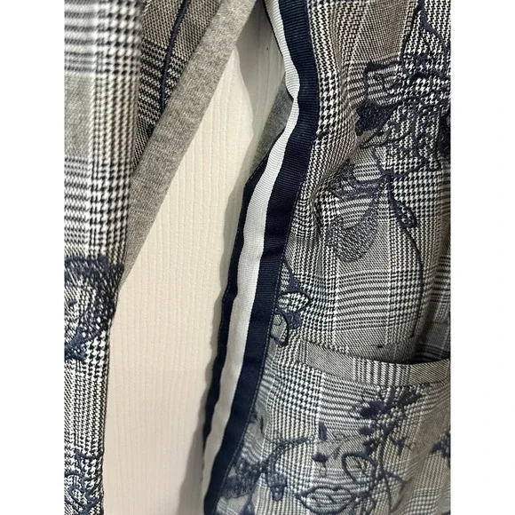 Women's Hilary Radley Plaid Floral Embroidery Navy Gray Knit Blazer Casual - Picture 4 of 4